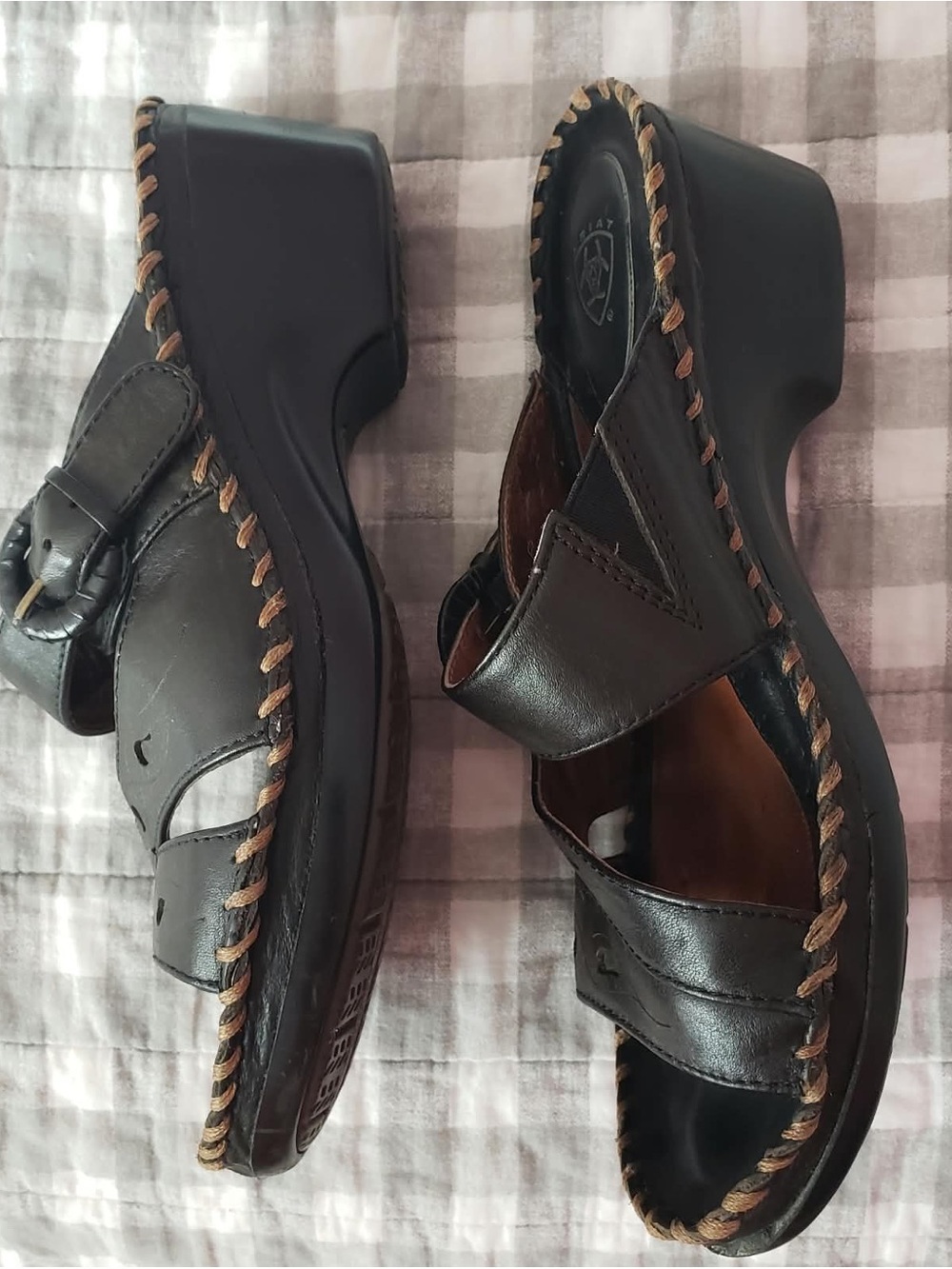 Ariat Brown Leather Wedge Slide Sandals with Braided Trim
